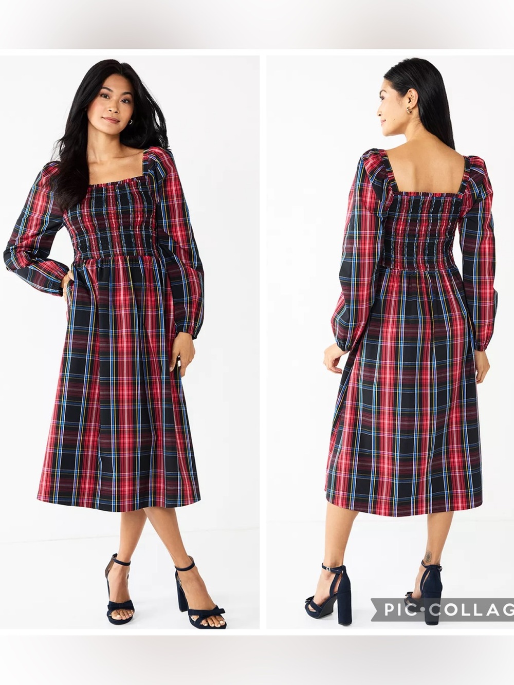 Draper James Smocked Puff Sleeve Midi Dress Red Black Tartan Plaid Holiday NWT L